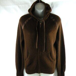 MALIKA CASHMERE brown hooded suede patch sweater M